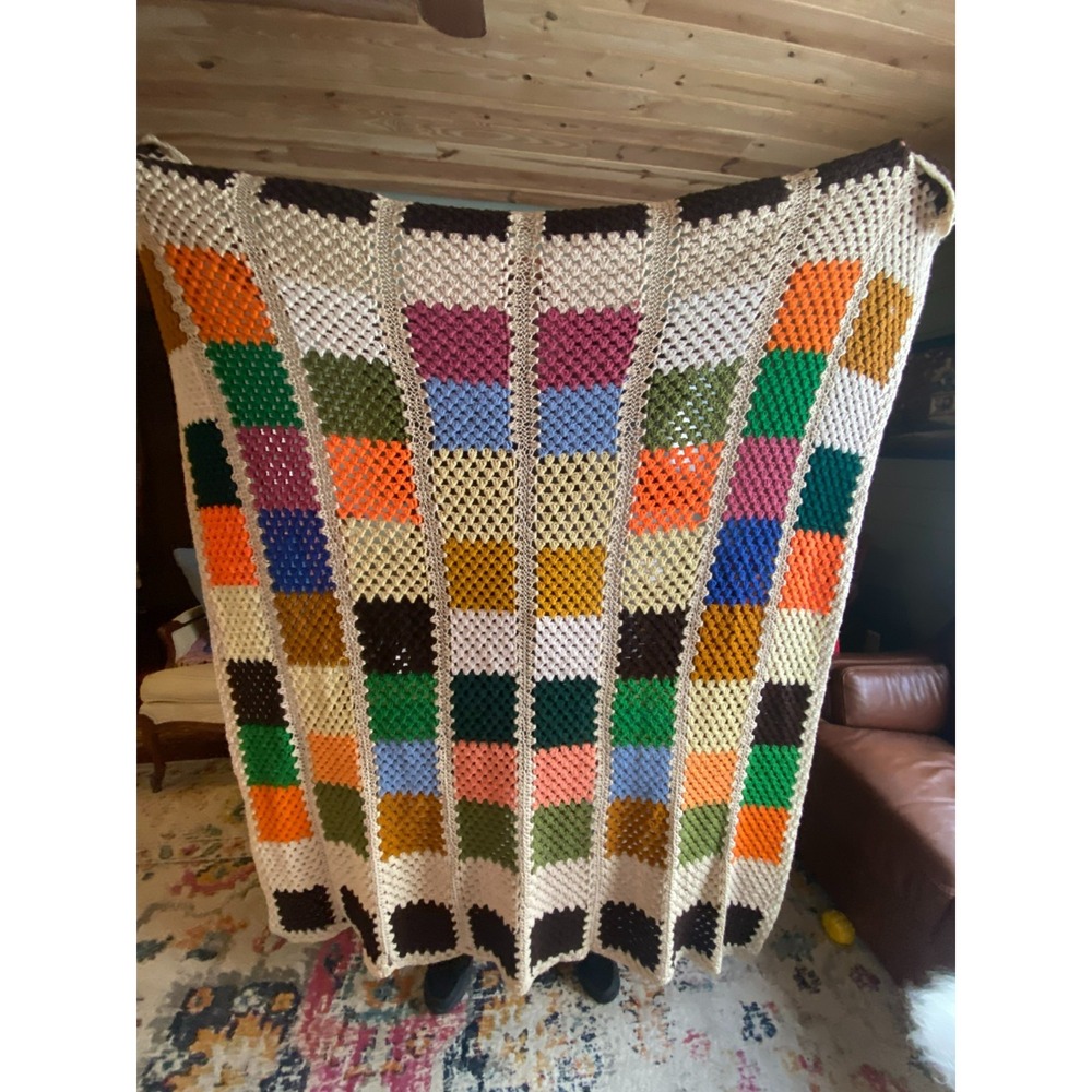 Crochet Afghan Throw Blanket Granny Square Multicolor Tan Green Brown 64x76